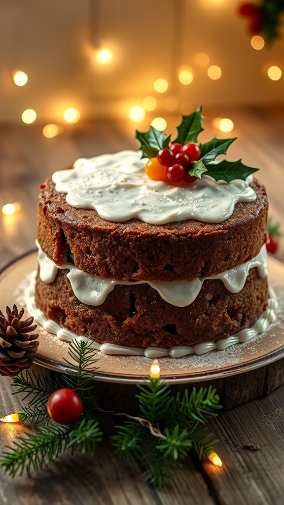 A traditional Christmas fruit cake decorated with marzipan and icing, surrounded by festive decorations.